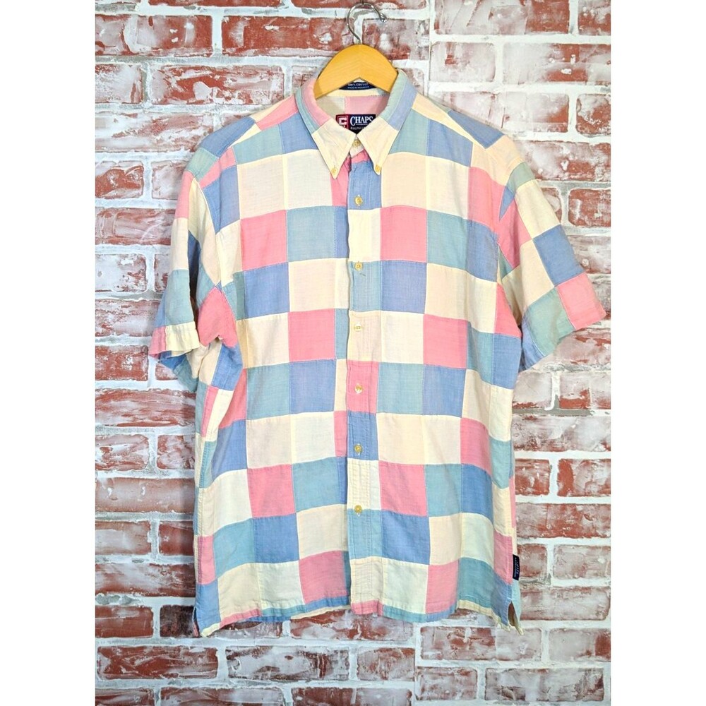 Chaps Ralph Lauren Button Down Short Sleeve Patchwork Madras Pastel Shirt L